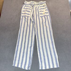NEW C&C California Pants L Blue White Stripe 100% Linen Drawstring Wide Leg